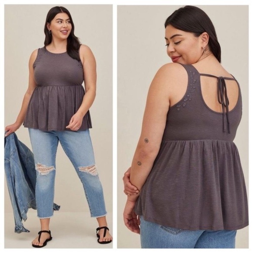 Torrid Plus Size Gray Hue‎ Babydoll Feather Soft Tie Back Slub Tank, 3/3X